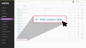 Educator account in Xello on the Completion Standards configuration page. At the bottom of the tasks list, the cursor is selecting Add custom task